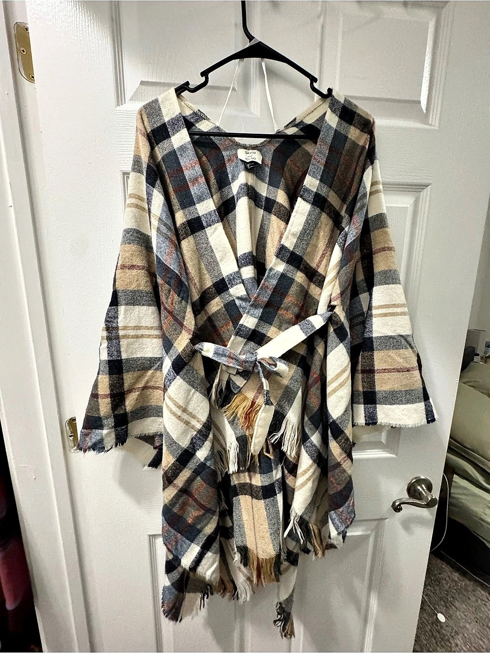 DAVID and YOUNG Plaid Fringed Wrap Cape